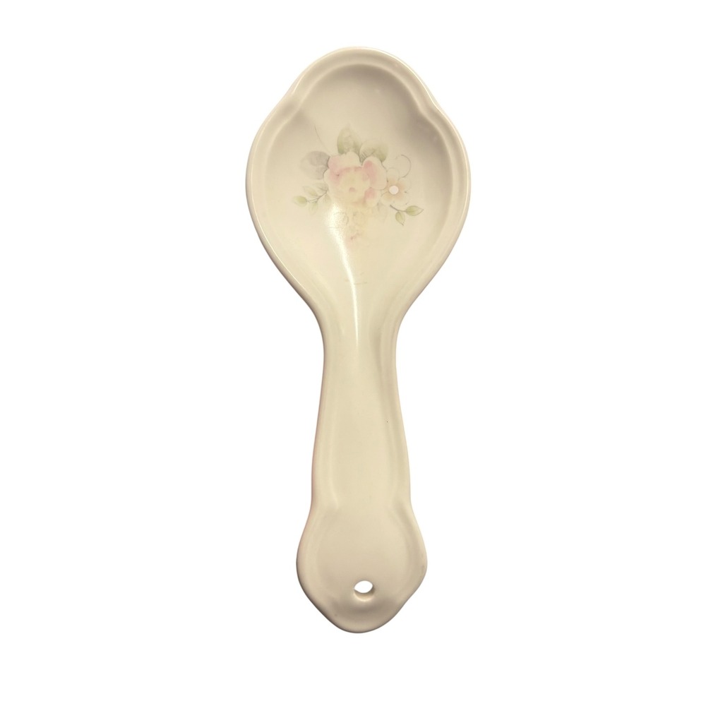 Pfaltzgraff Tea Rose Ceramic Spoon Rest Vintage Floral Pink Cream USA Made 9"